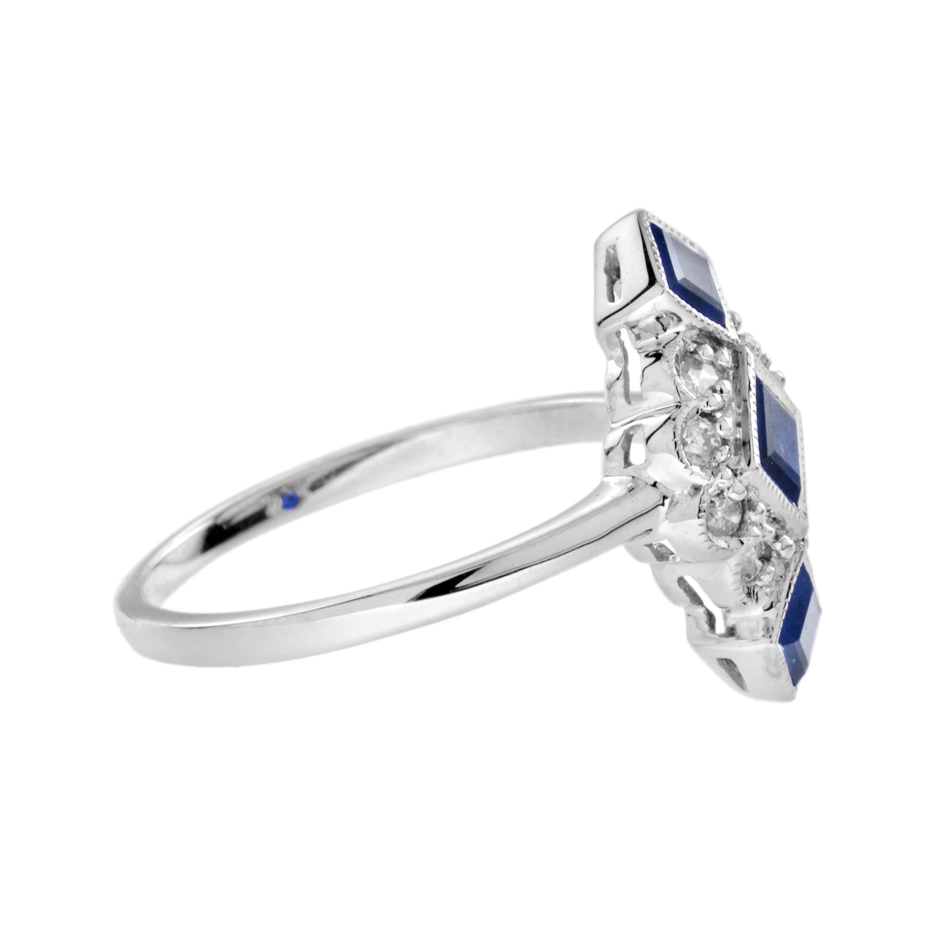 Blue Sapphire Diamond Vintage Style Vertical Three Stone 14K White Gold Ring