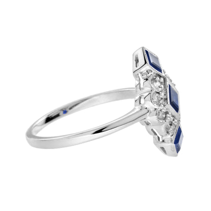 Blue Sapphire Diamond Vintage Style Vertical Three Stone 14K White Gold Ring