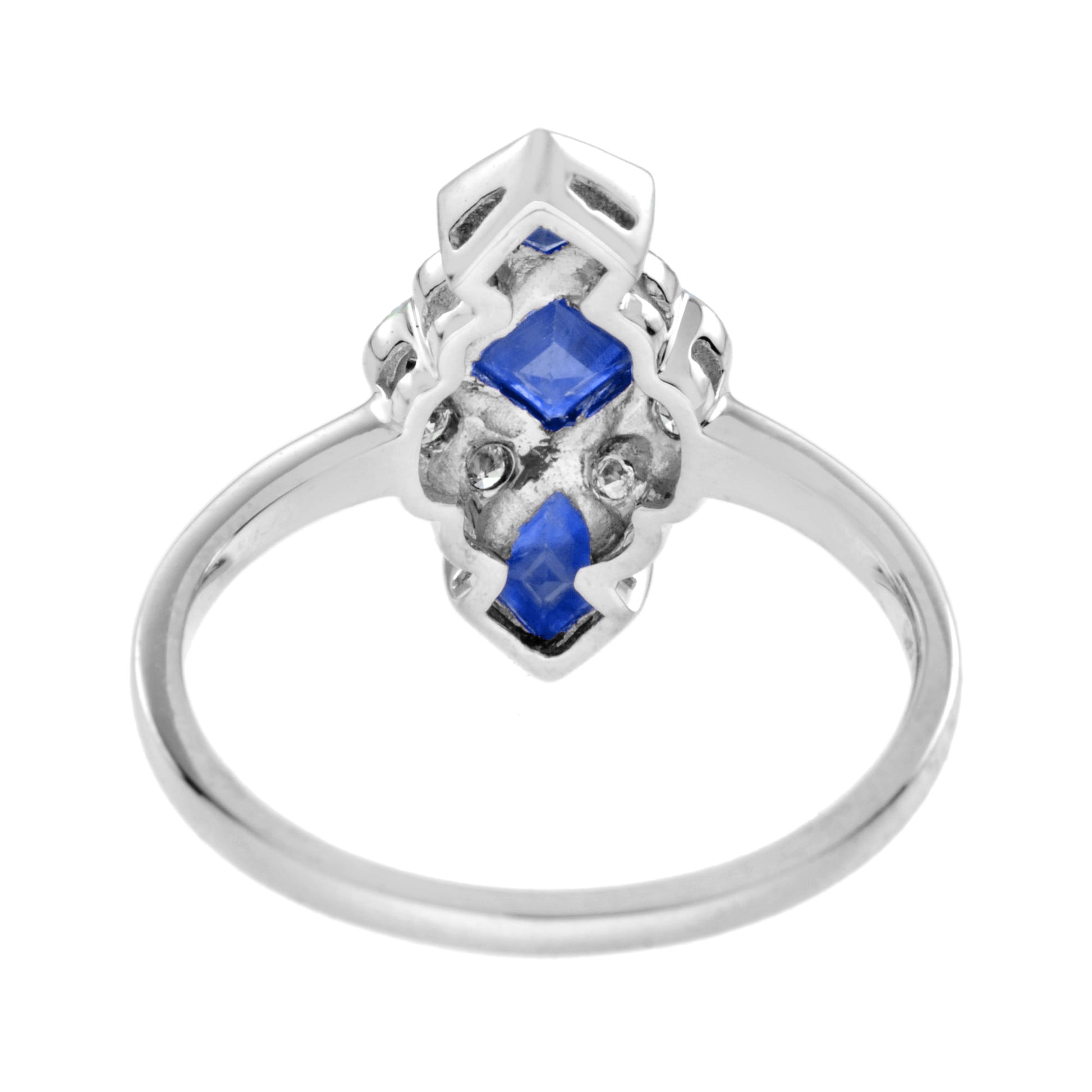 Blue Sapphire Diamond Vintage Style Vertical Three Stone 14K White Gold Ring