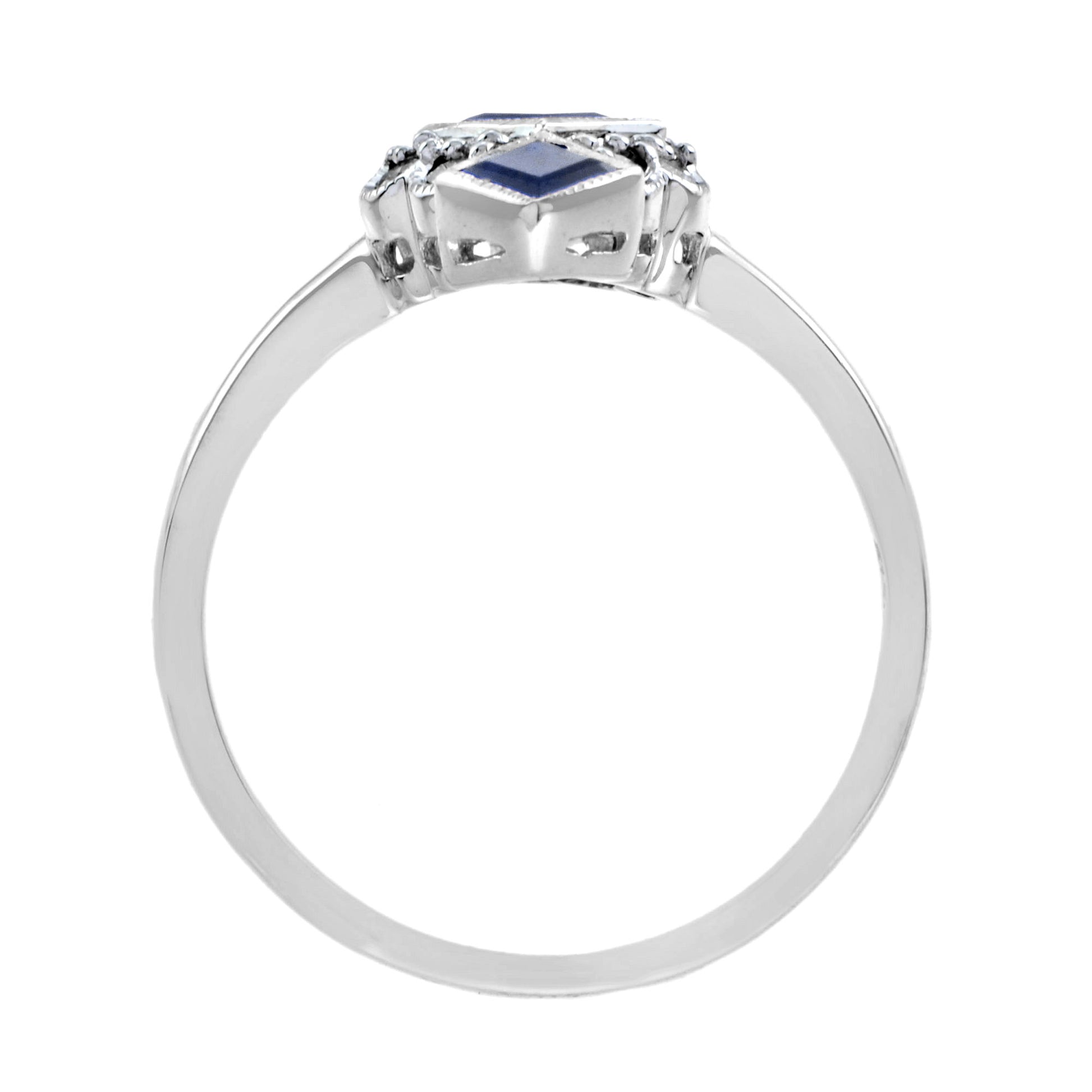 Blue Sapphire Diamond Vintage Style Vertical Three Stone 14K White Gold Ring