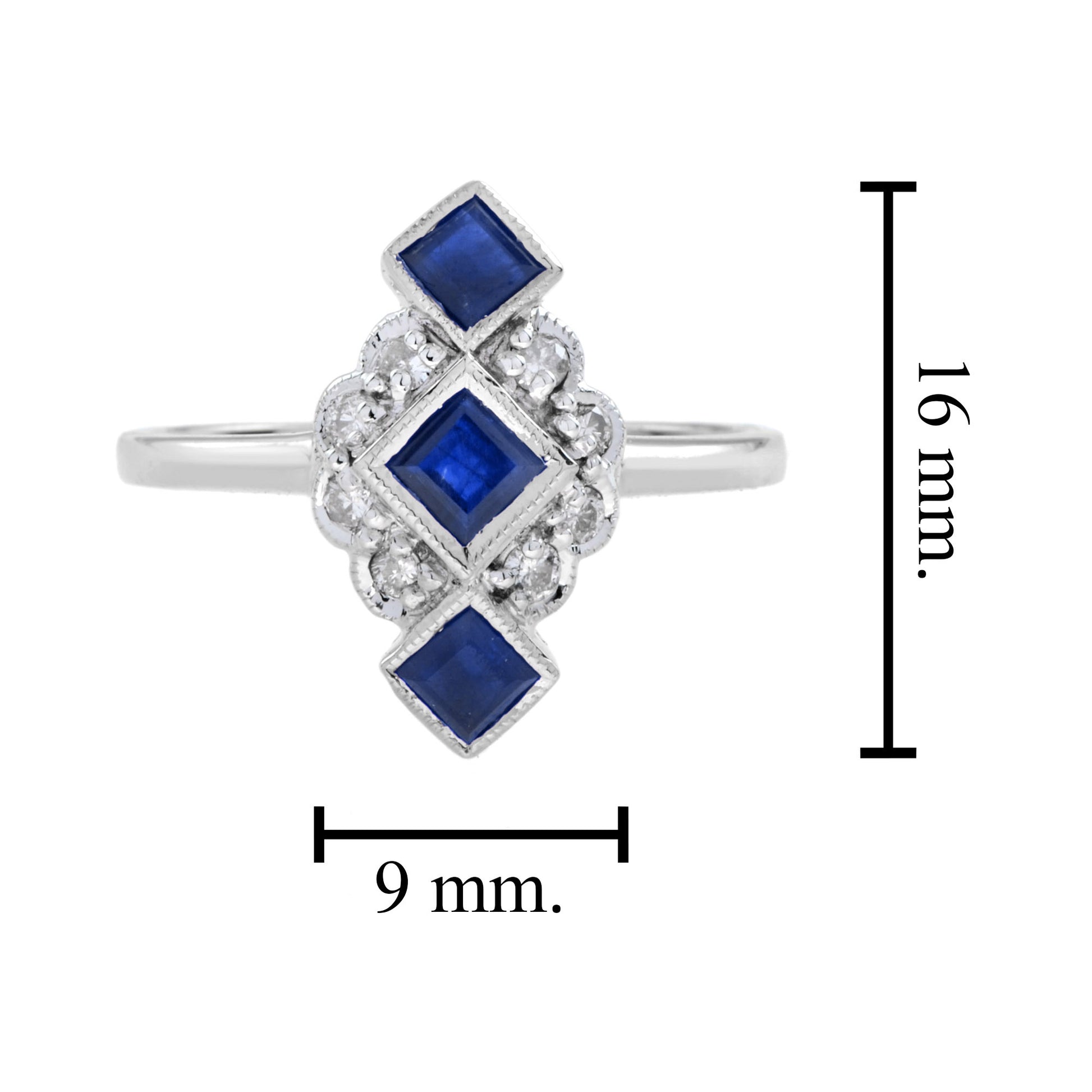 Blue Sapphire Diamond Vintage Style Vertical Three Stone 14K White Gold Ring