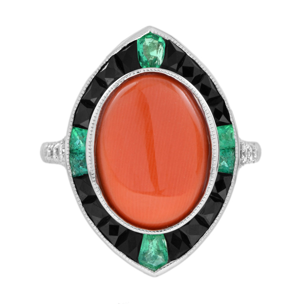 Orange Red Coral Diamond Emerald Black Onyx Art Deco Style 14K White Gold Ring