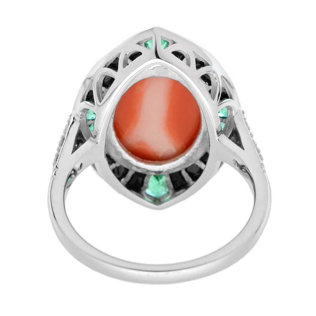 Orange Red Coral Diamond Emerald Black Onyx Art Deco Style 14K White Gold Ring