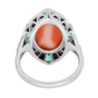 Orange Red Coral Diamond Emerald Black Onyx Art Deco Style 14K White Gold Ring
