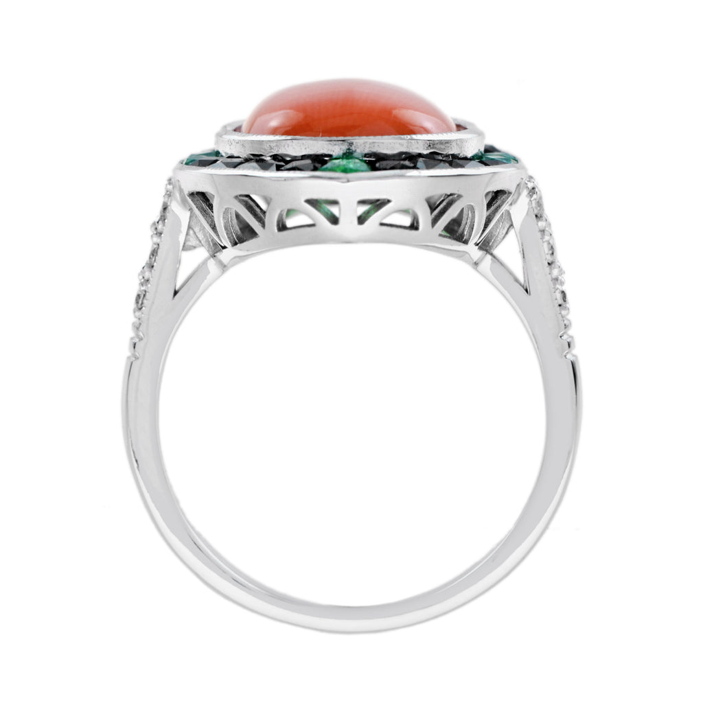 Orange Red Coral Diamond Emerald Black Onyx Art Deco Style 14K White Gold Ring