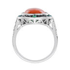 Orange Red Coral Diamond Emerald Black Onyx Art Deco Style 14K White Gold Ring