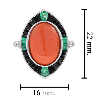 Orange Red Coral Diamond Emerald Black Onyx Art Deco Style 14K White Gold Ring
