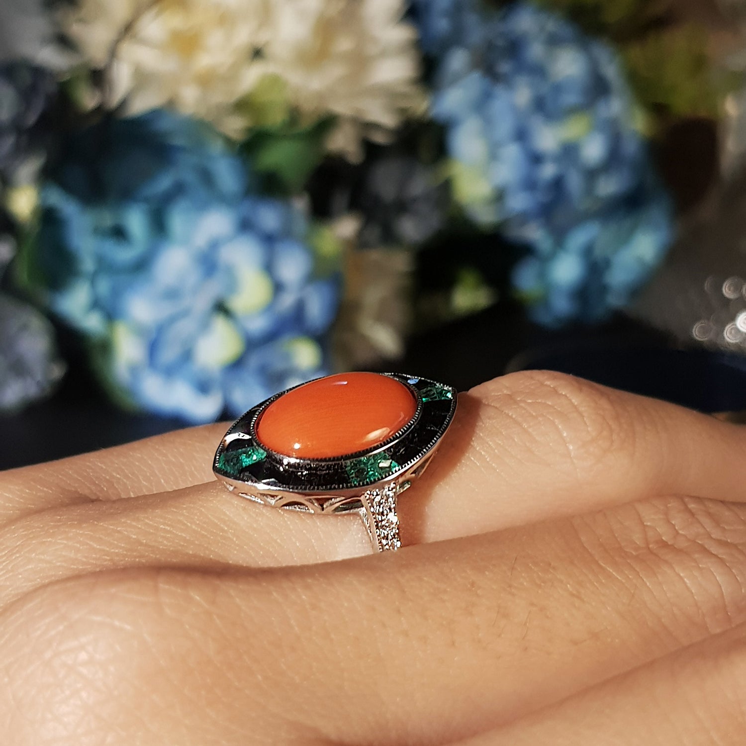 Orange Red Coral Diamond Emerald Black Onyx Art Deco Style 14K White Gold Ring