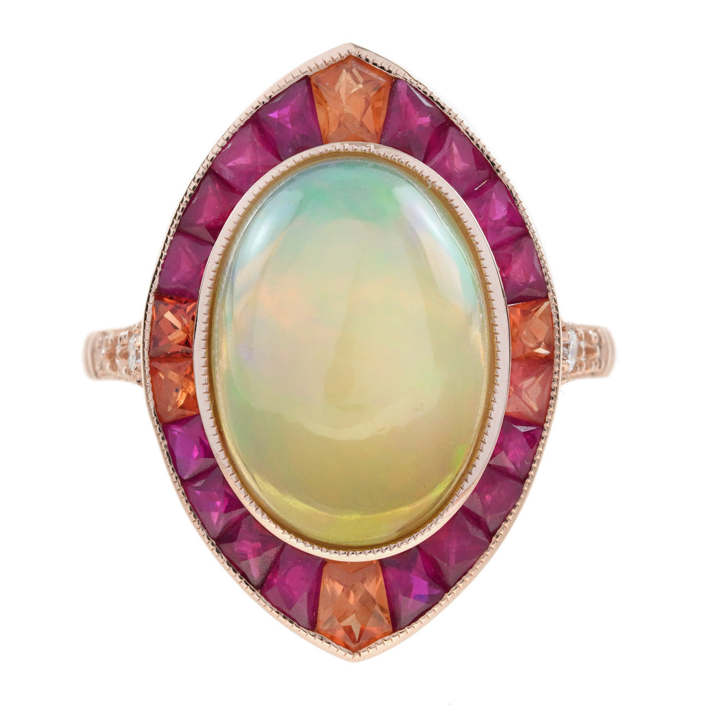 6.52 ctw Art Deco Style Ethiopian Opal, Ruby & Orange Sapphire Cocktail Ring 18K Rose Gold