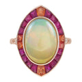 6.52 ctw Art Deco Style Ethiopian Opal, Ruby & Orange Sapphire Cocktail Ring 18K Rose Gold