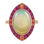 6.52 ctw Art Deco Style Ethiopian Opal, Ruby & Orange Sapphire Cocktail Ring 18K Rose Gold