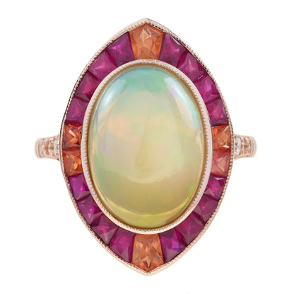 White Ethiopian Opal Orange Sapphire & Ruby Style Cocktail 18K Rose Gold Ring