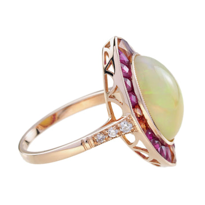 White Ethiopian Opal Orange Sapphire & Ruby Style Cocktail 18K Rose Gold Ring