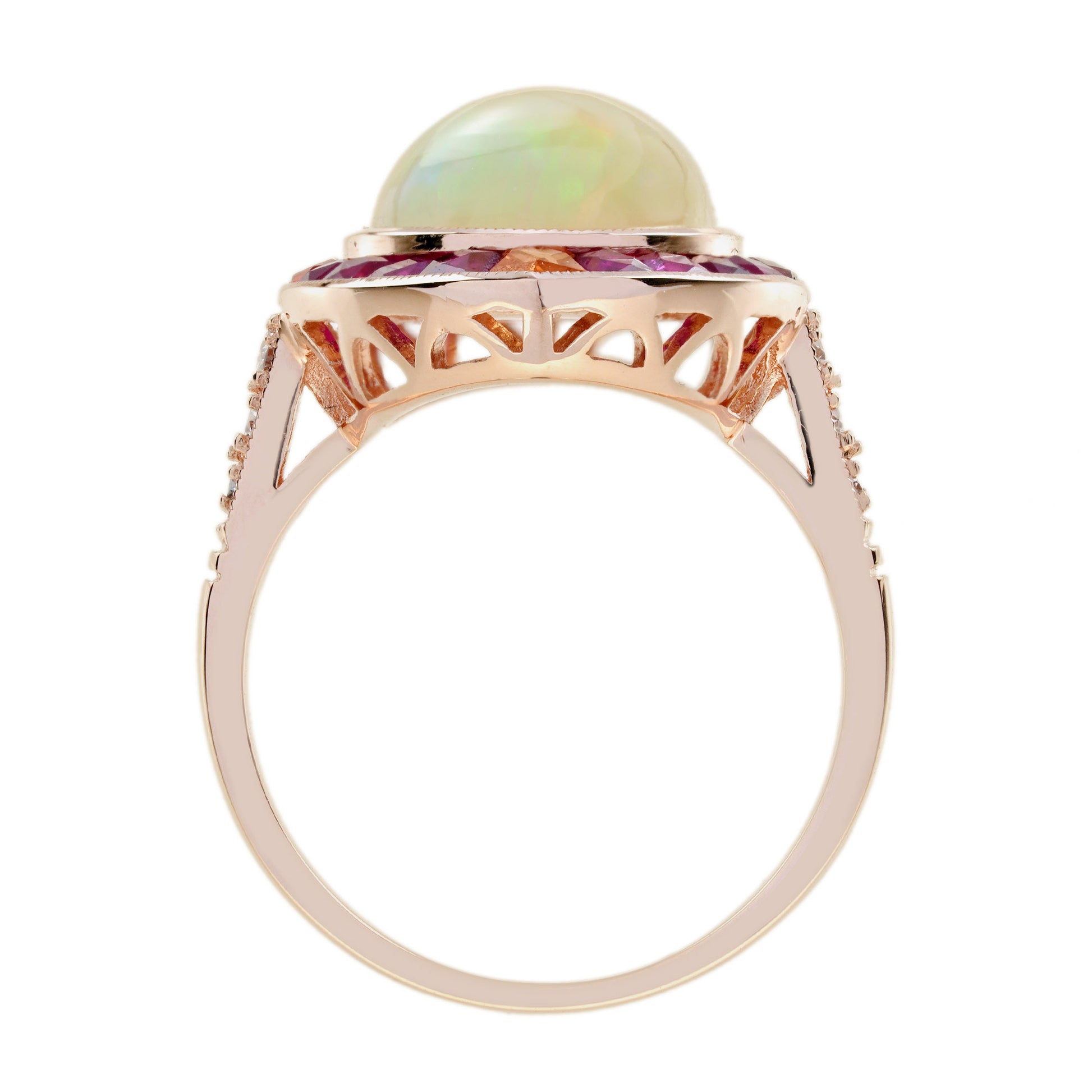 White Ethiopian Opal Orange Sapphire & Ruby Style Cocktail 18K Rose Gold Ring