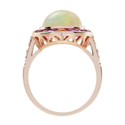White Ethiopian Opal Orange Sapphire & Ruby Style Cocktail 18K Rose Gold Ring
