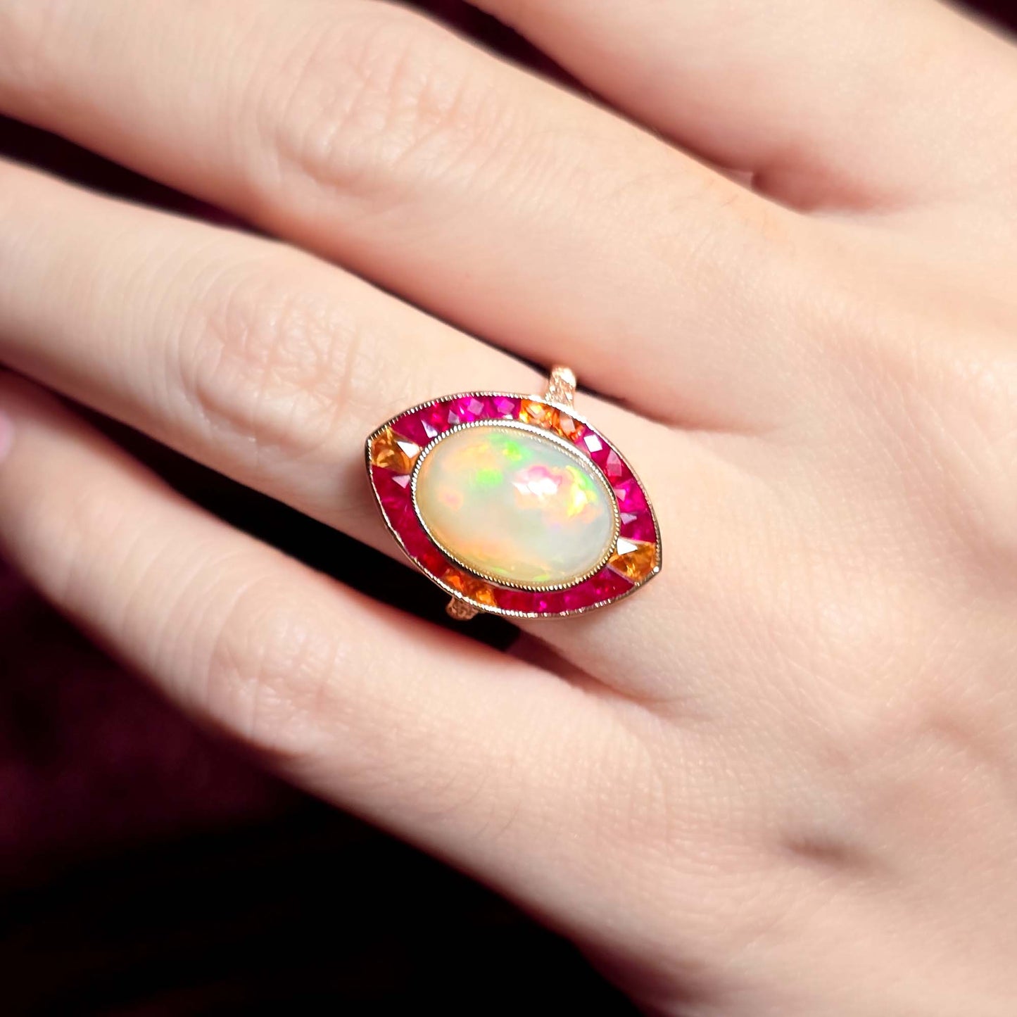 white ethiopian opal orange sapphire & ruby style cocktail 18k rose gold ring