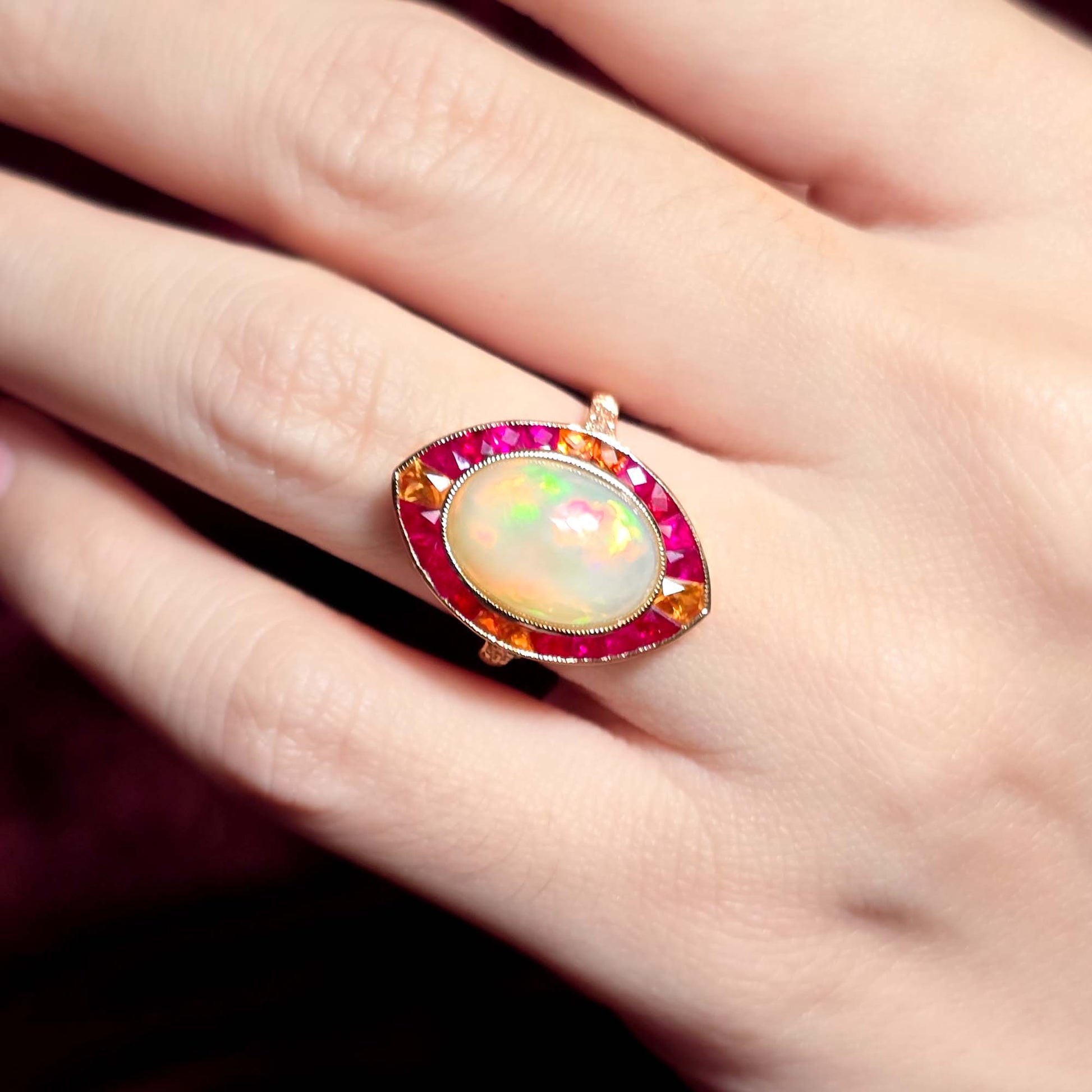 White Ethiopian Opal Orange Sapphire & Ruby Style Cocktail 18K Rose Gold Ring