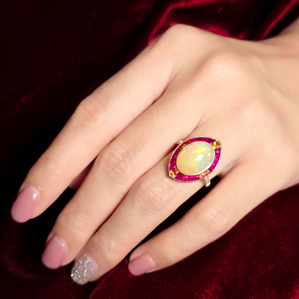 White Ethiopian Opal Orange Sapphire & Ruby Style Cocktail 18K Rose Gold Ring