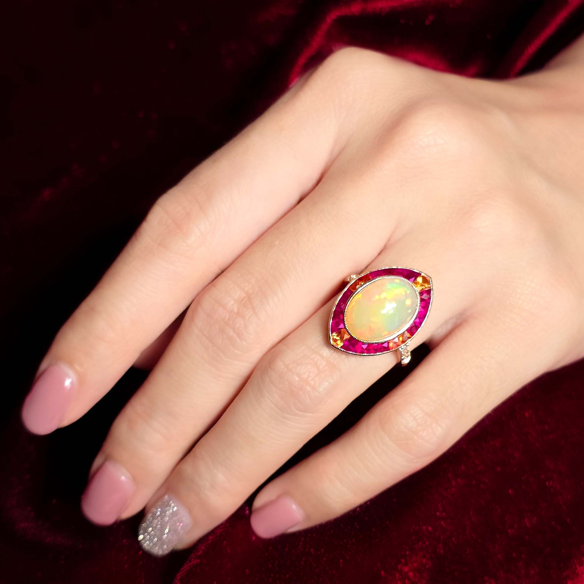 White Ethiopian Opal Orange Sapphire & Ruby Style Cocktail 18K Rose Gold Ring