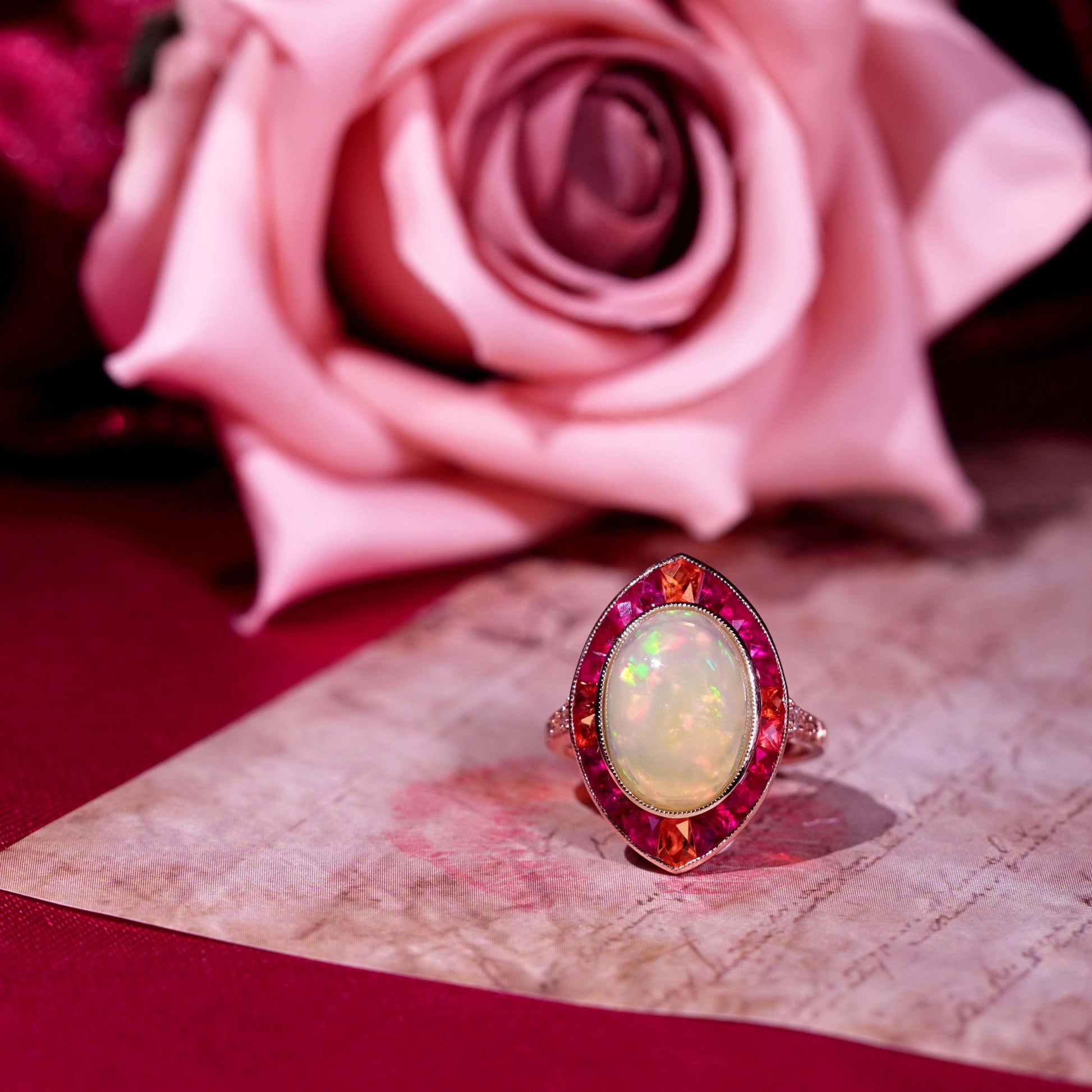 White Ethiopian Opal Orange Sapphire & Ruby Style Cocktail 18K Rose Gold Ring