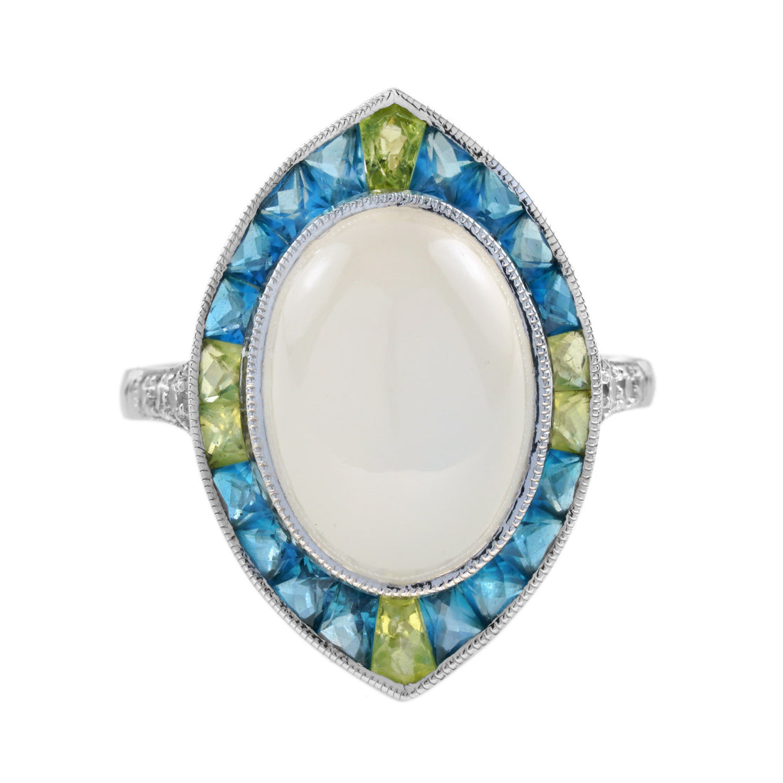 Oval Shape Moonstone Diamond Blue Topaz Peridot Art Deco Style Cocktail Ring