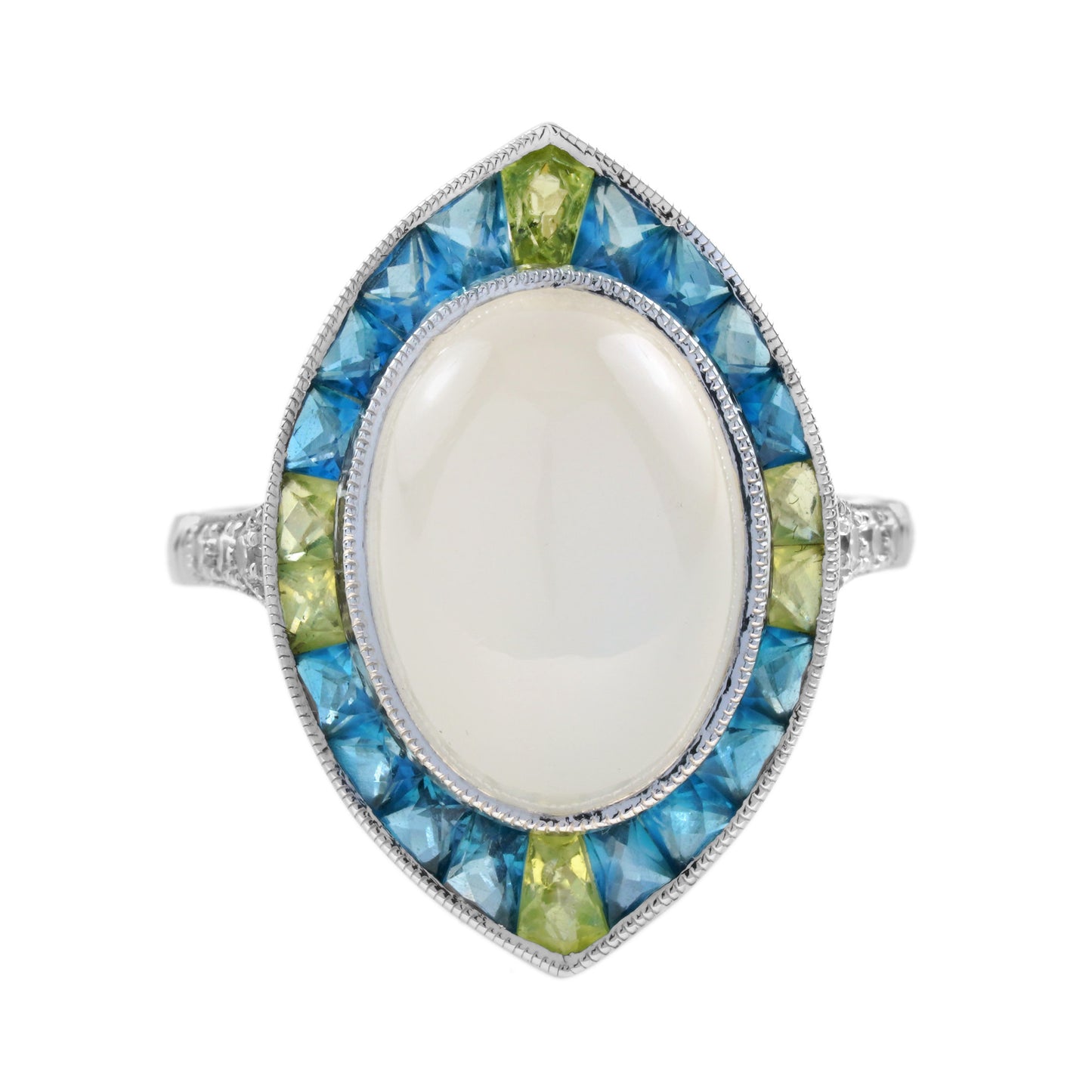 oval shape moonstone diamond blue topaz peridot art deco style cocktail ring
