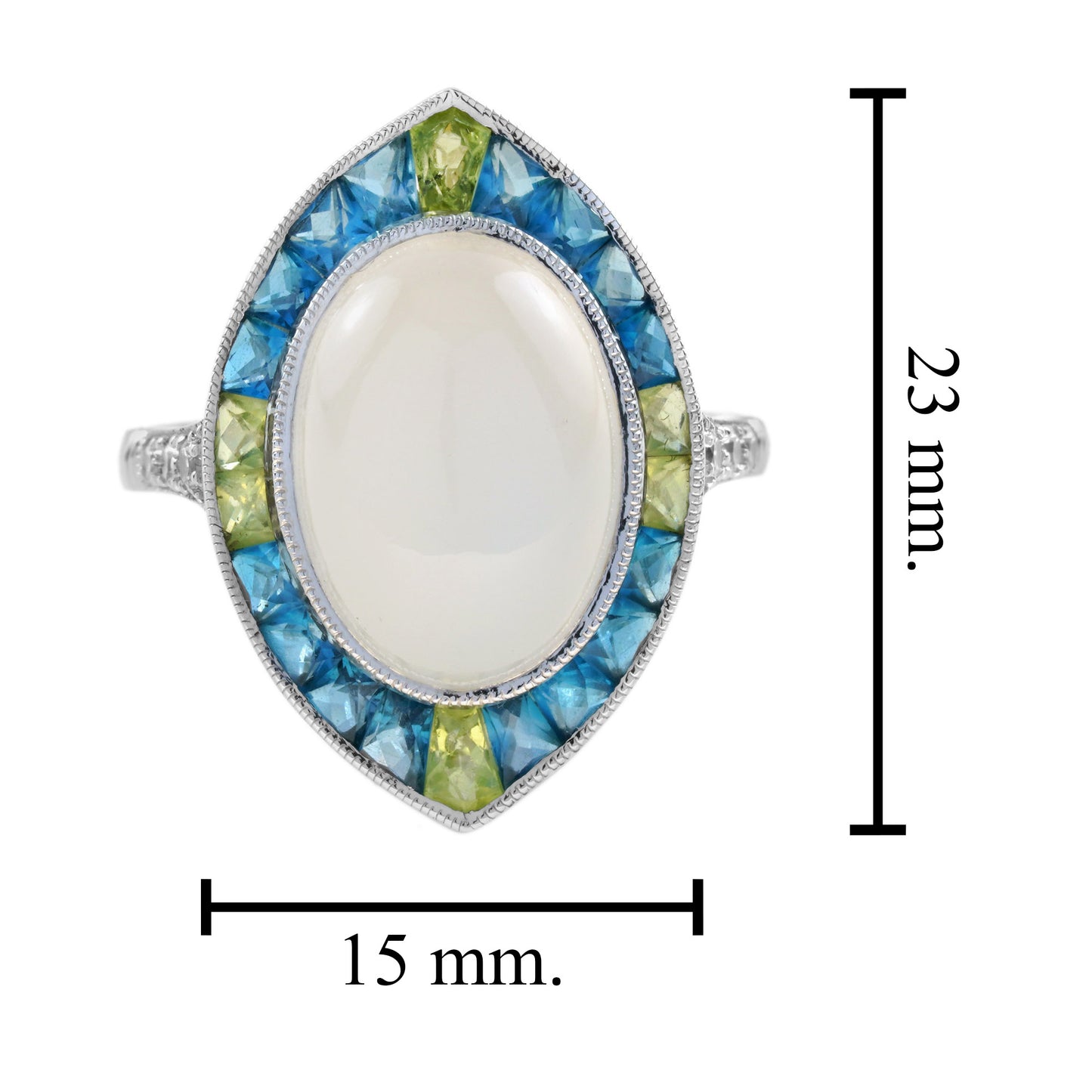 oval shape moonstone diamond blue topaz peridot art deco style cocktail ring
