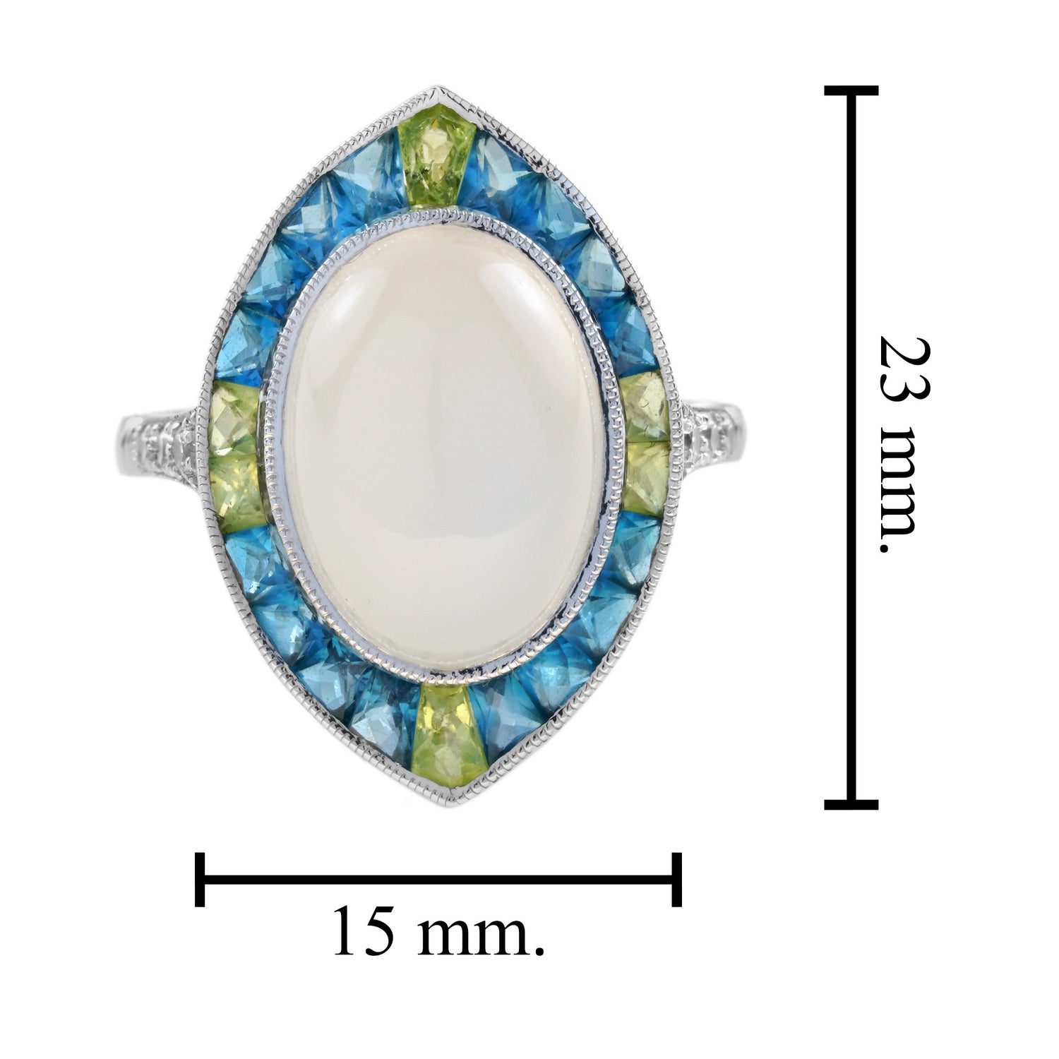 Oval Shape Moonstone Diamond Blue Topaz Peridot Art Deco Style Cocktail Ring