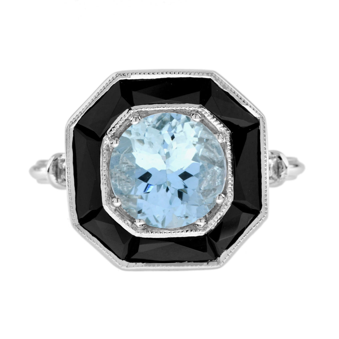 Round Blue Aquamarine &amp; Black Onyx Halo Art Deco Style 14K White Gold Ring