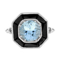Round Blue Aquamarine & Black Onyx Halo Art Deco Style 14K White Gold Ring