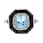 Round Blue Aquamarine & Black Onyx Halo Art Deco Style 14K White Gold Ring
