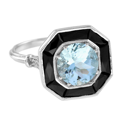 Round Blue Aquamarine & Black Onyx Halo Art Deco Style 14K White Gold Ring