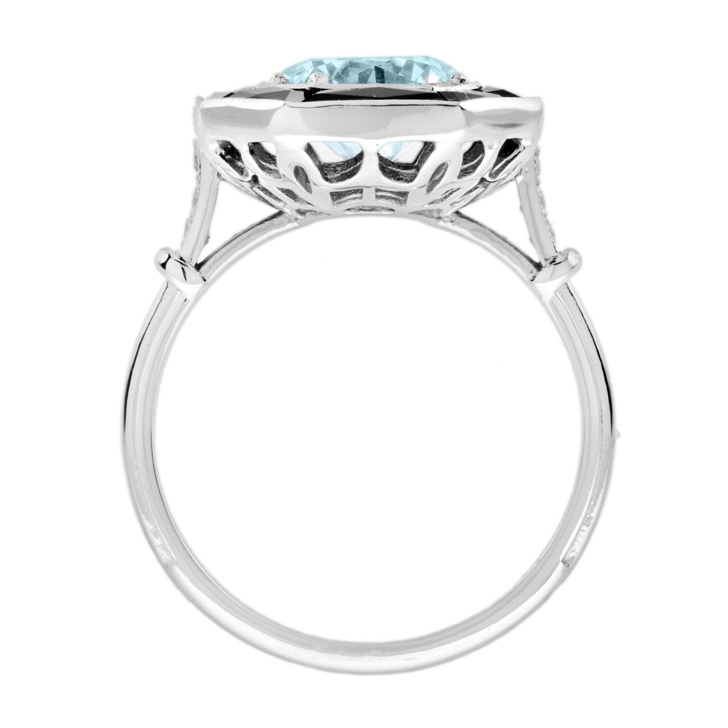 round blue aquamarine & black onyx halo art deco style 14k white gold ring