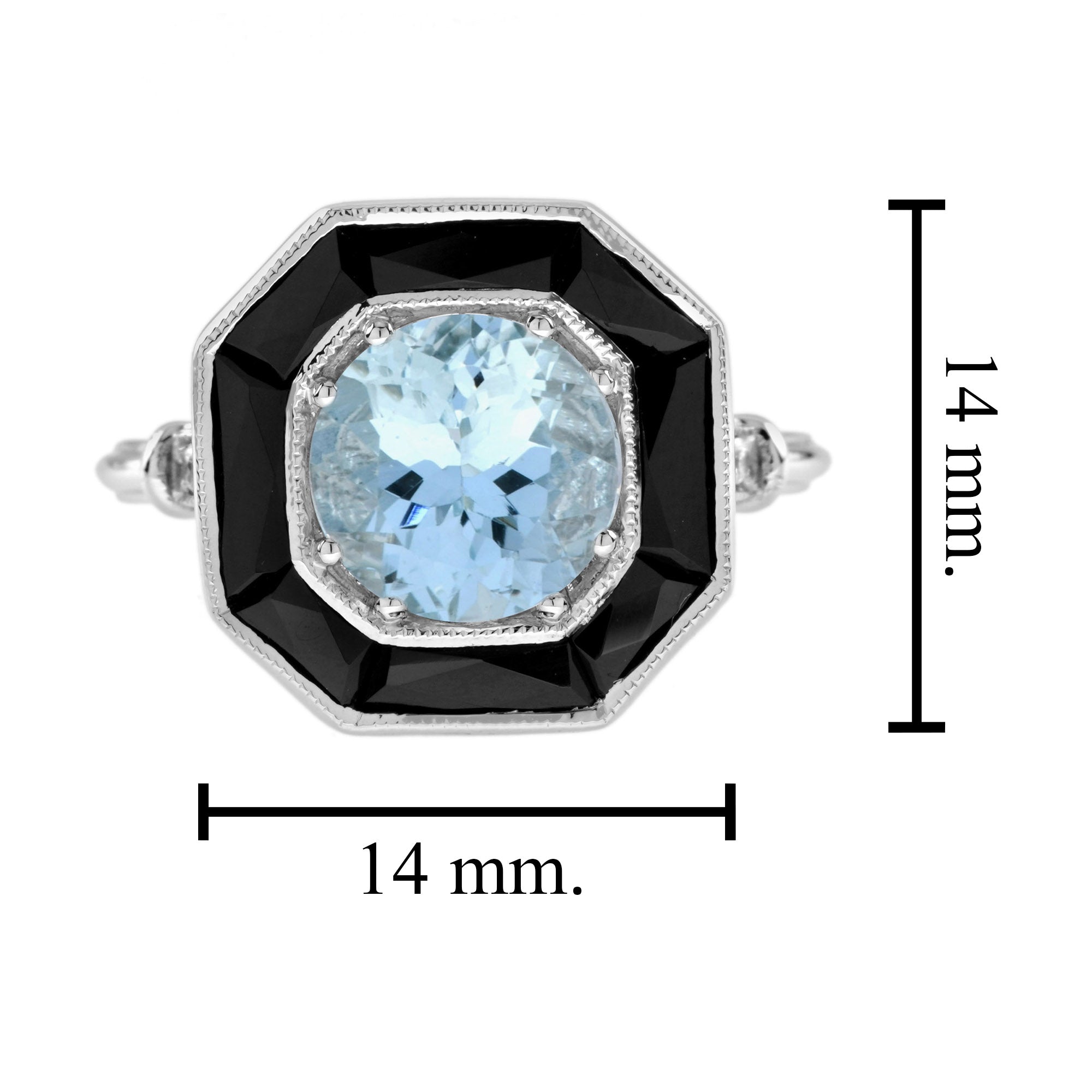 Round Blue Aquamarine &amp; Black Onyx Halo Art Deco Style 14K White Gold Ring