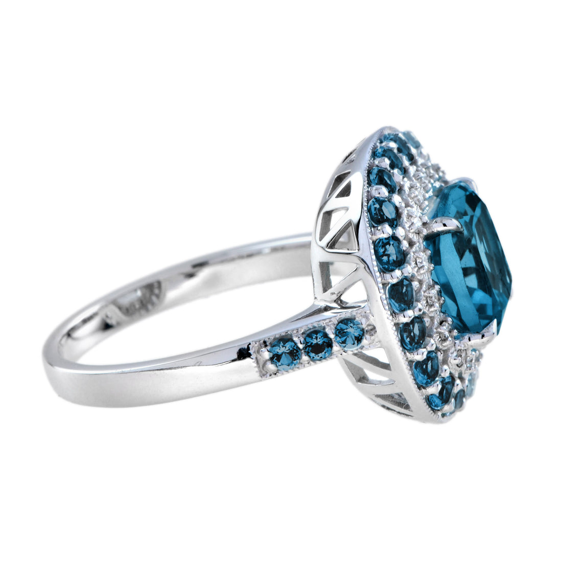 Cushion London Blue Topaz & Diamond Double Halo Statement 14K White Gold Ring