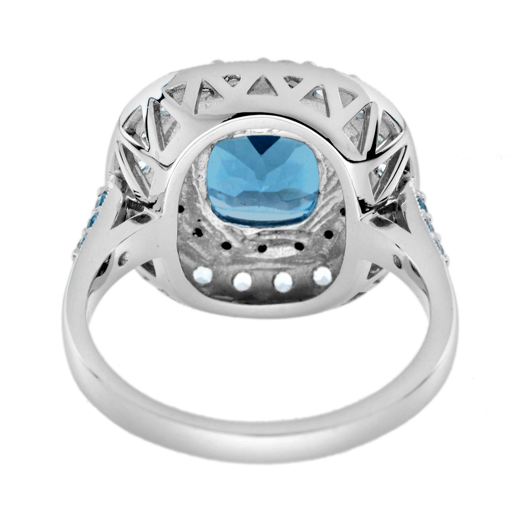 Cushion London Blue Topaz & Diamond Double Halo Statement 14K White Gold Ring