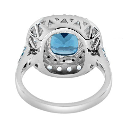 Cushion London Blue Topaz &amp; Diamond Double Halo Statement 14K White Gold Ring