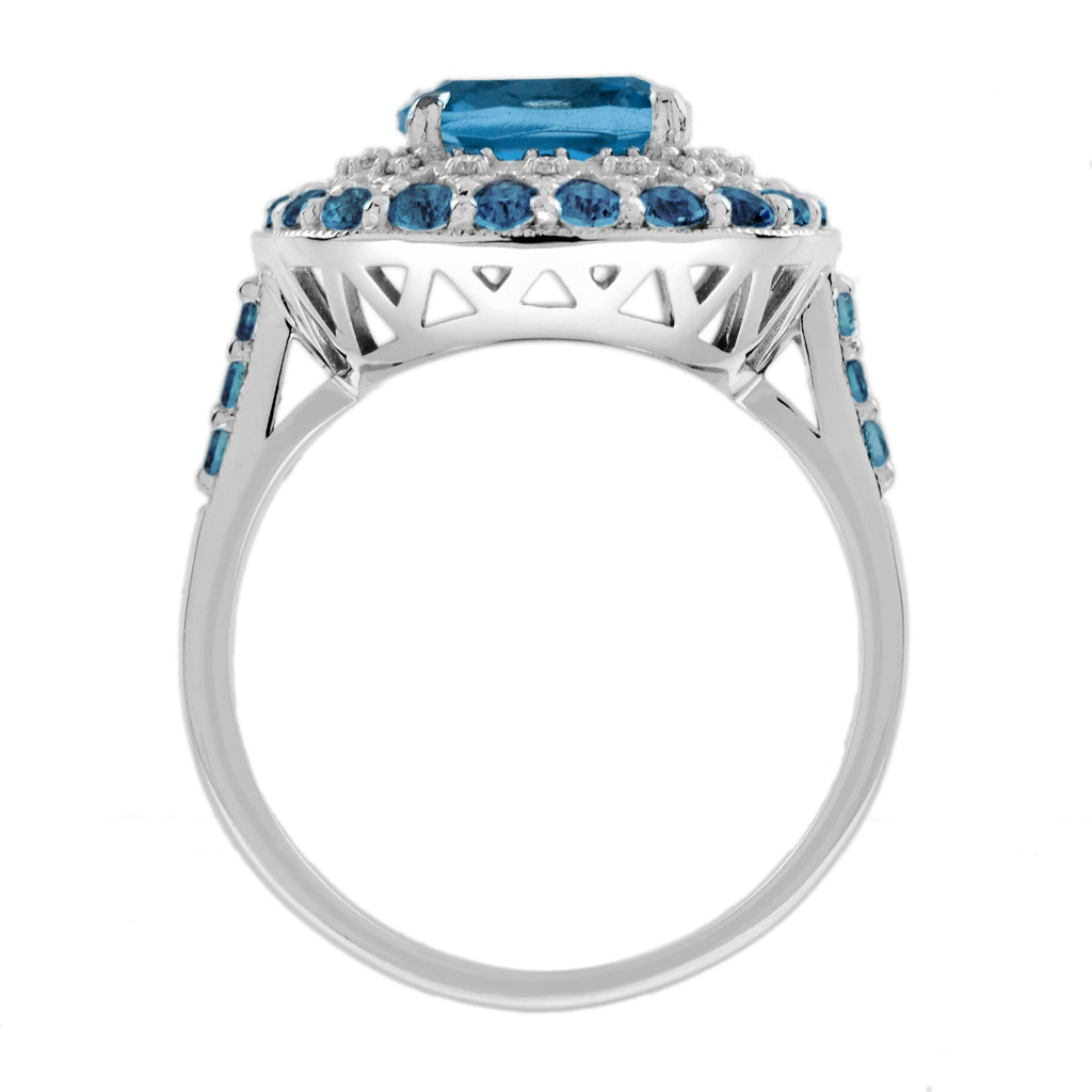 Cushion London Blue Topaz & Diamond Double Halo Statement 14K White Gold Ring