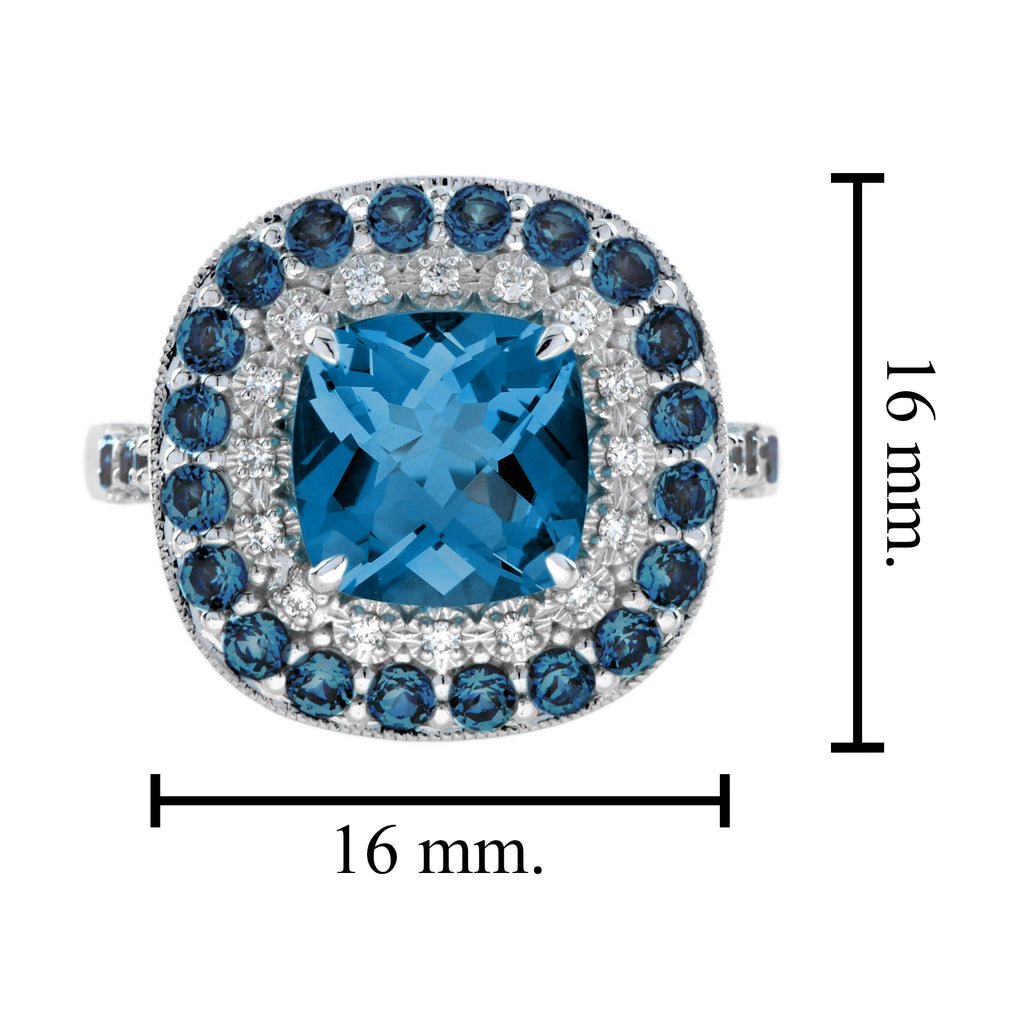 Cushion London Blue Topaz & Diamond Double Halo Statement 14K White Gold Ring