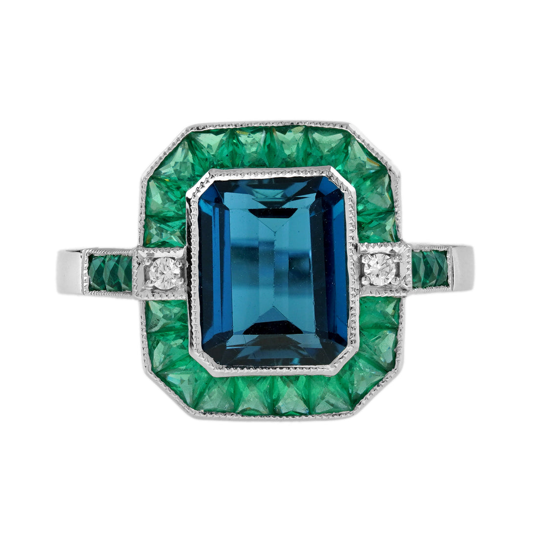 London Blue Topaz Emerald Diamond Art Deco Style Celebrate 14K White Gold Ring