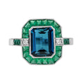 London Blue Topaz Emerald Diamond Art Deco Style Celebrate 14K White Gold Ring