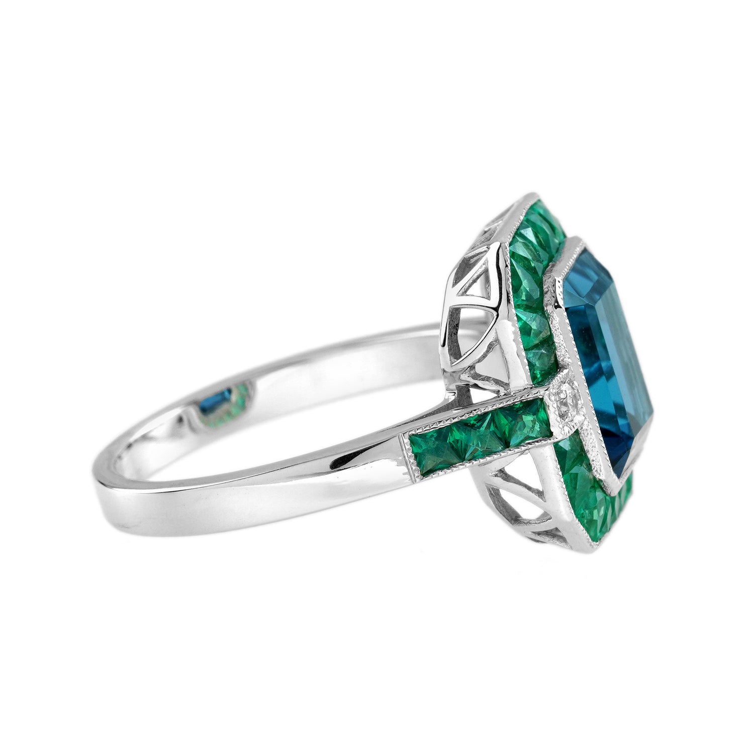 London Blue Topaz Emerald Diamond Art Deco Style Celebrate 14K White Gold Ring