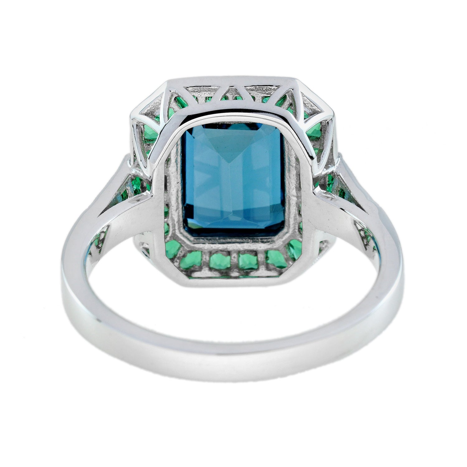 London Blue Topaz Emerald Diamond Art Deco Style Celebrate 14K White Gold Ring