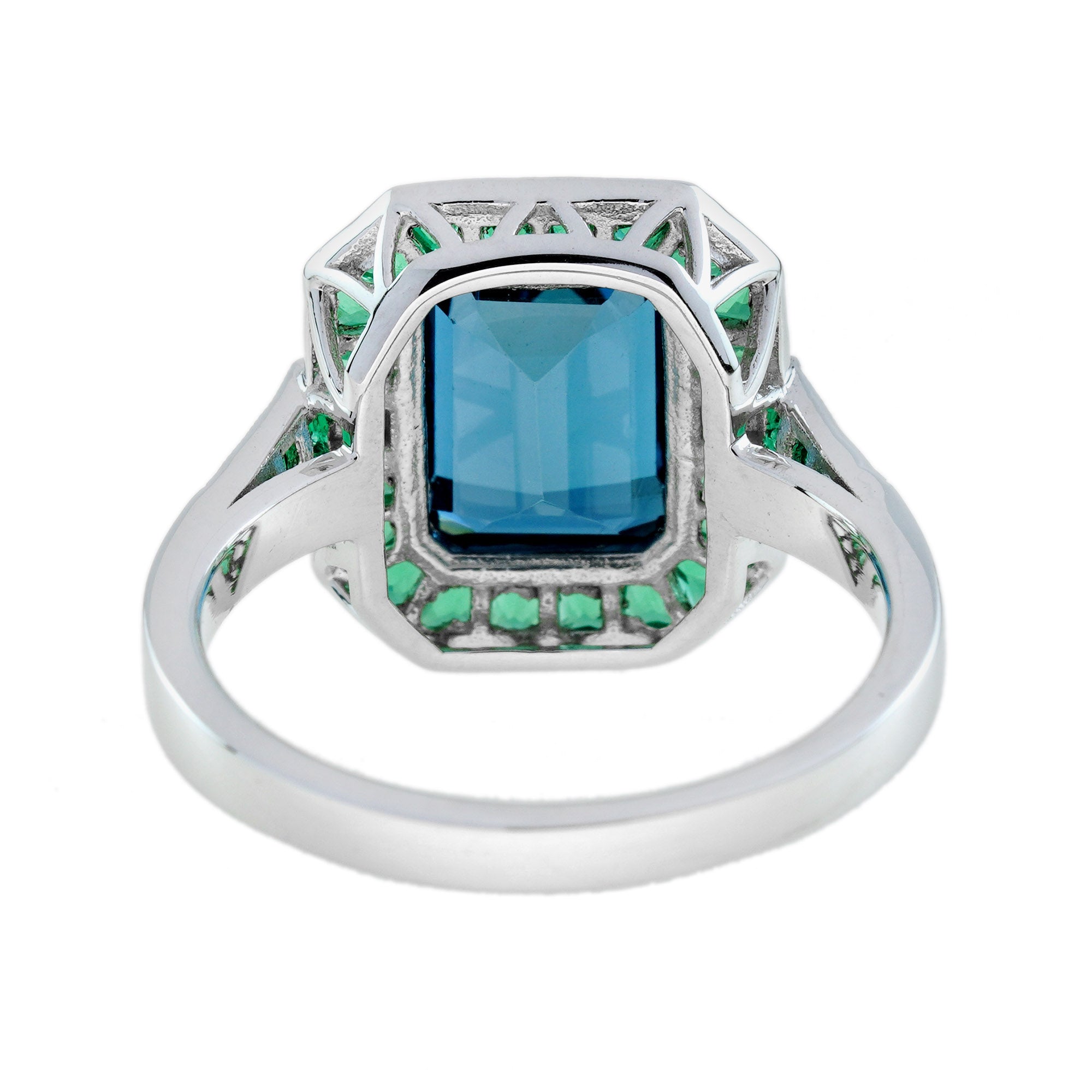 London Blue Topaz Emerald Diamond Art Deco Style Celebrate 14K White Gold Ring