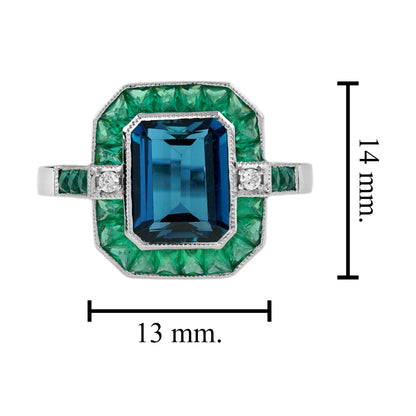London Blue Topaz Emerald Diamond Art Deco Style Celebrate 14K White Gold Ring