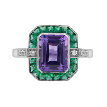 Octagon Purple Violet Amethyst Emerald Diamond Art Deco Style White Gold Ring