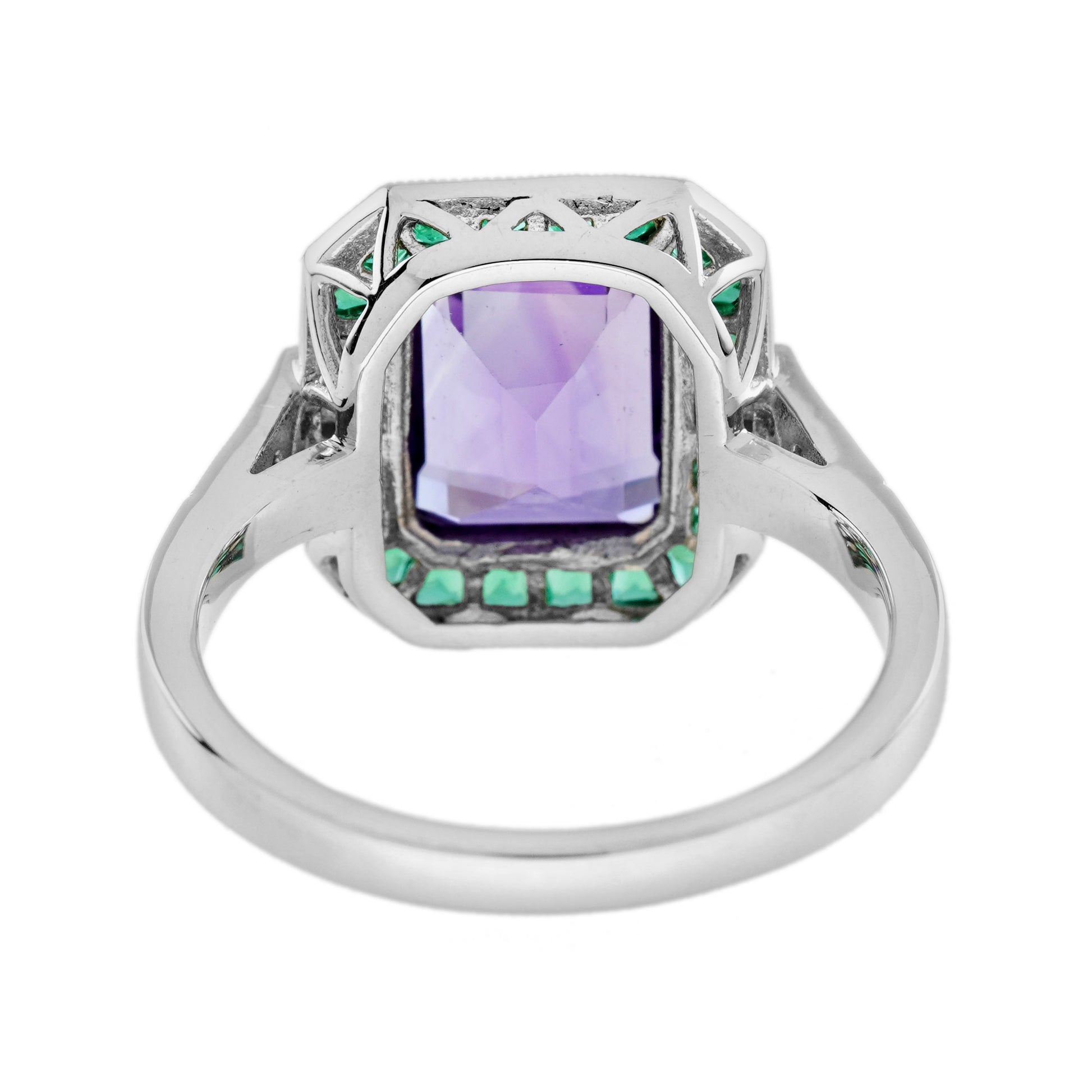 Octagon Purple Violet Amethyst Emerald Diamond Art Deco Style White Gold Ring
