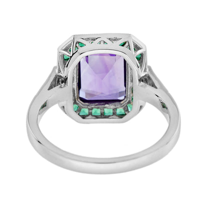 Octagon Purple Violet Amethyst Emerald Diamond Art Deco Style White Gold Ring