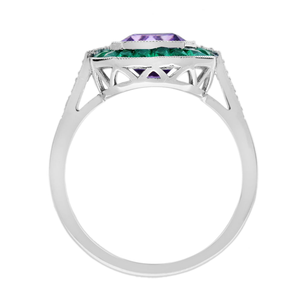 3.87 Ctw Art Deco Style Amethyst & Emerald & Diamond 14K White Gold Ring