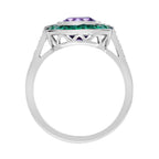 3.87 Ctw Art Deco Style Amethyst & Emerald & Diamond 14K White Gold Ring